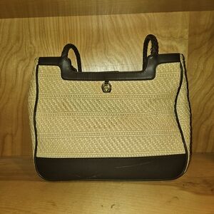 Etienne Aigner Two-Tone Straw and Leather Tote in Beige and Dark Brown